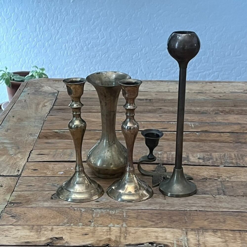 Vintage Brass Candlestick Holders Set of 5 Mixed Lot
